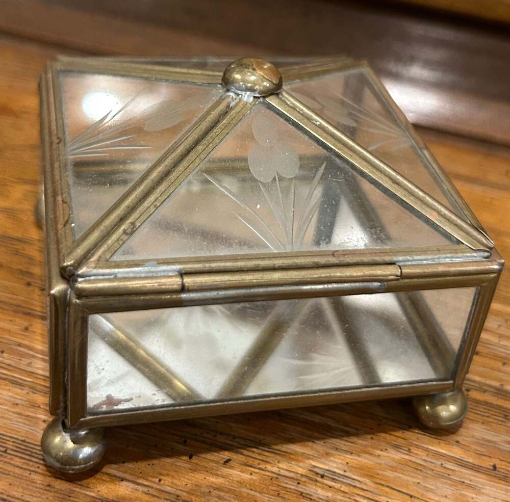 Vintage Brass and Etched Glass Footed Trinket Box with Mirrored Bottom